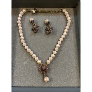 Heidi Daus Early Blooms Pearl Crystal Necklace Clip on Earrings Pink Glam Gift